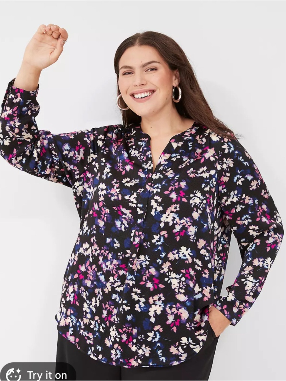 Lane Bryant Black Floral V-Neck Blouse - Pink, Purple & Cream Print
